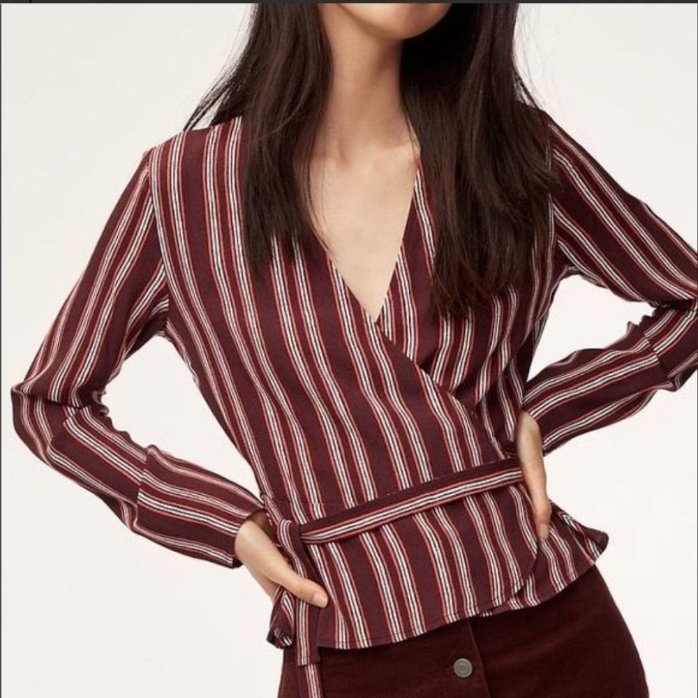 NWT Aritzia Wilfred Free Shannon Wrap Blouse Cardamon Stripe - Picture 1 of 16